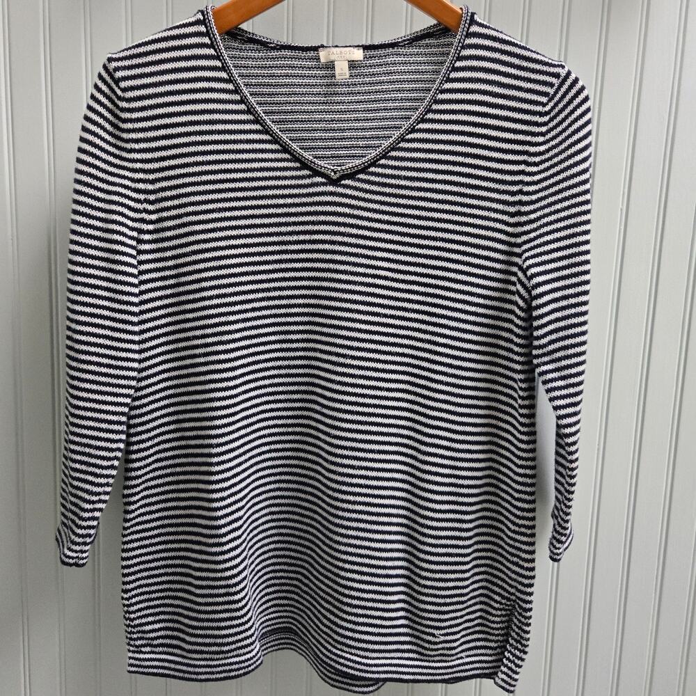 Talbot's Black and White Stripe V-neck 3/4 Sleeve Knit Sweater